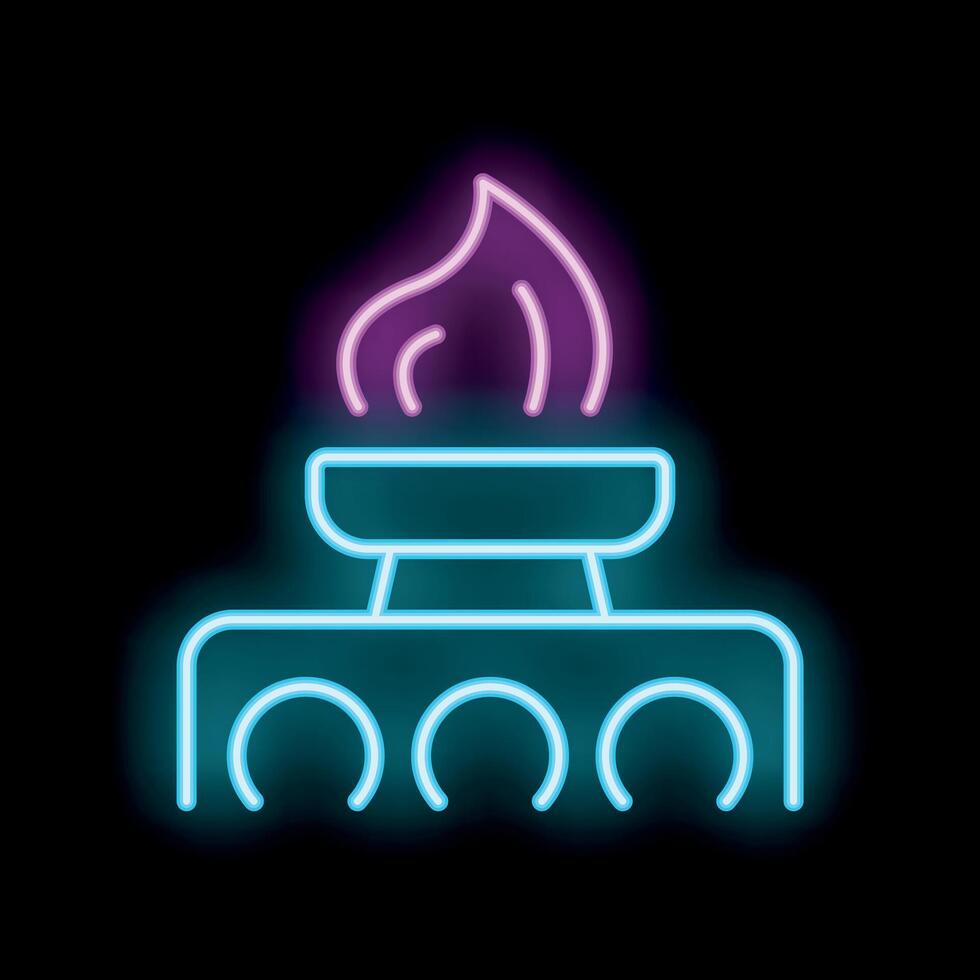Neon sign of a brazier burning with violet flames on black background vector