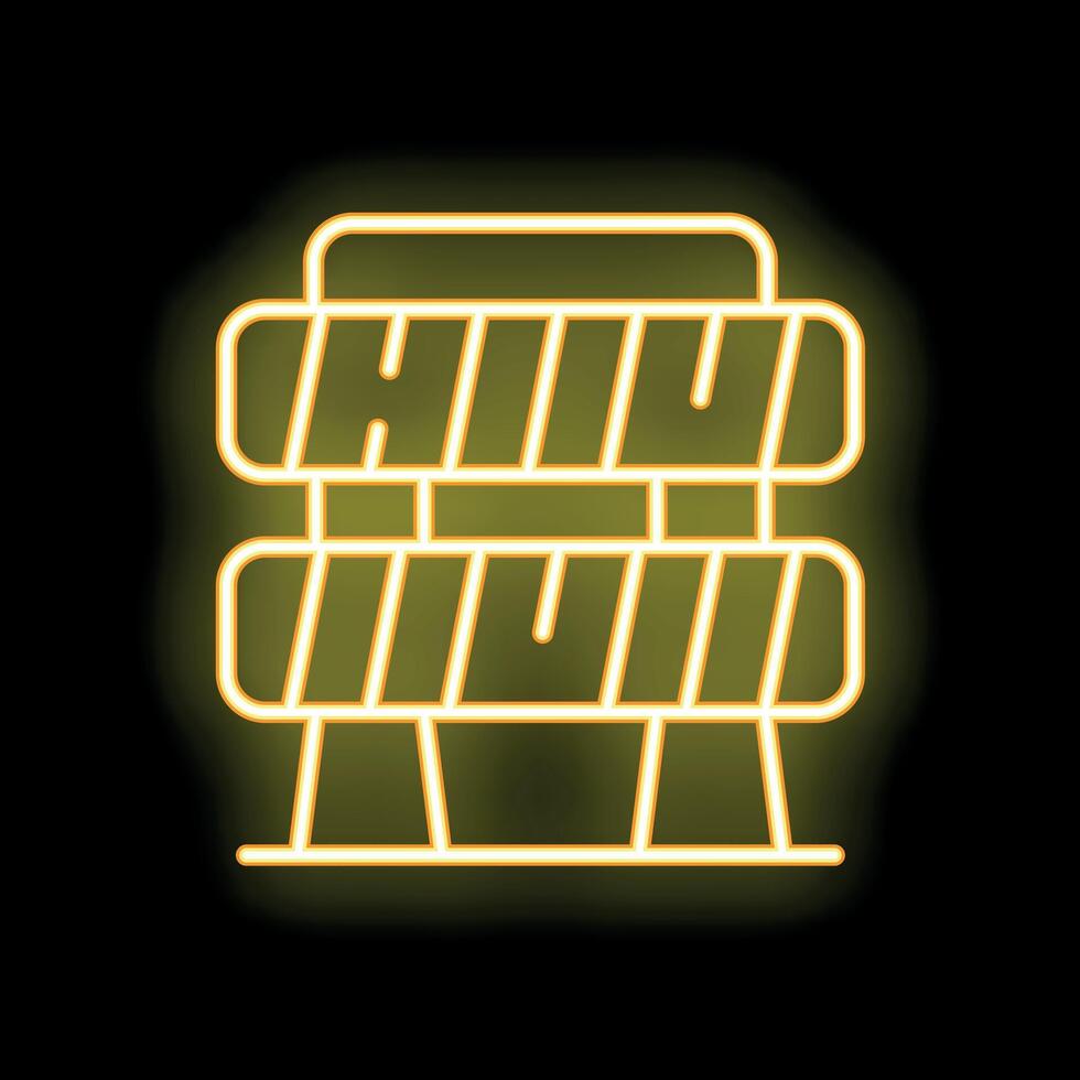 Yellow neon sign of a roadblock with stripes on a black background vector