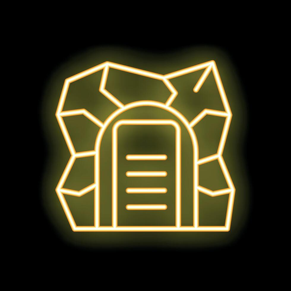 Neon glowing bunker entrance surrounded by rocks on a black background vector