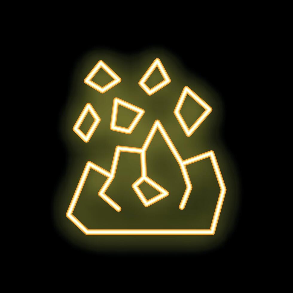 Yellow neon sign depicting exploding rocks on black background vector