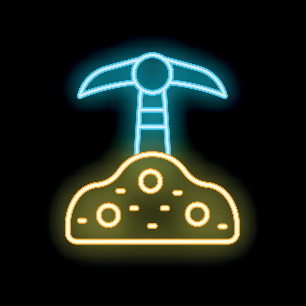Glowing neon line mining concept with pickaxe and stones on black background illustration in style vector