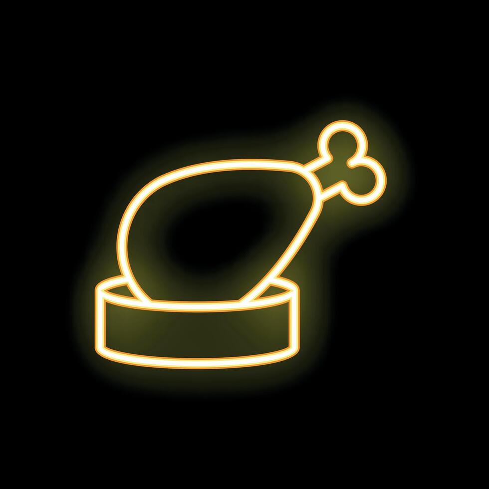 Neon sign of a chicken leg on a plate glowing on black background vector
