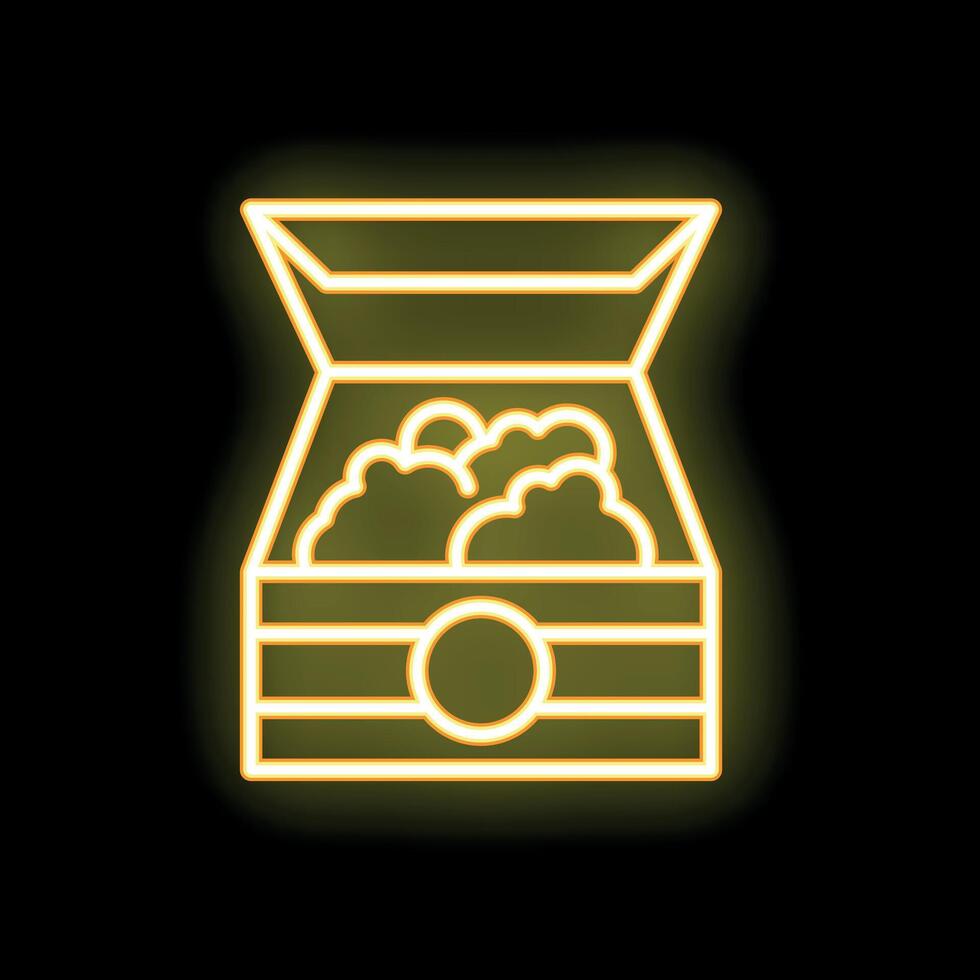 Neon yellow open treasure chest glowing on black background vector