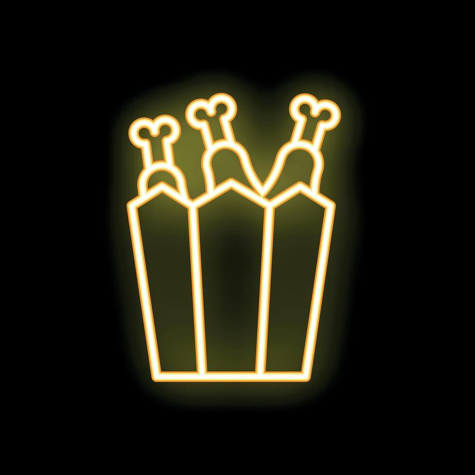 Glowing neon sign of chicken legs in a bucket on a black background vector