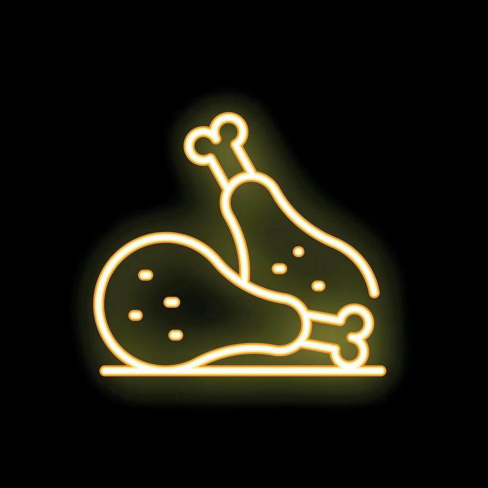 Glowing neon sign depicting two chicken legs on black background vector