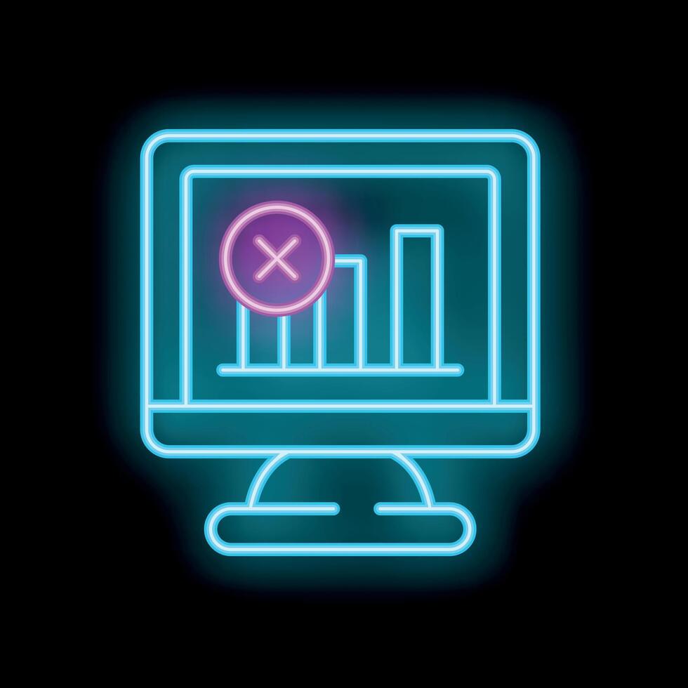 Neon computer icon displaying declining bar graph with error symbol vector