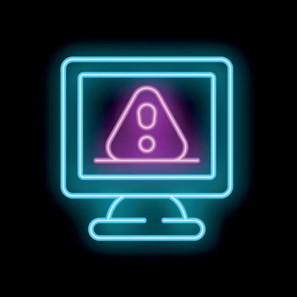 Neon computer icon showing exclamation point warning sign vector
