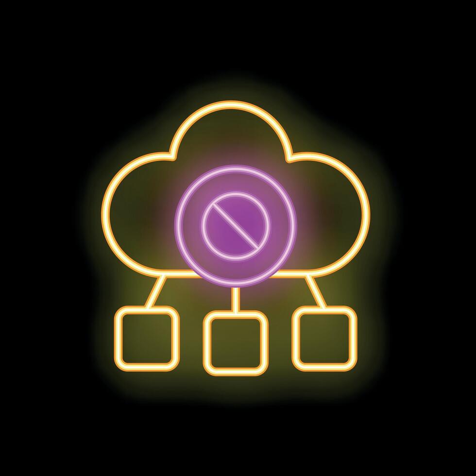 Neon icon of cloud computing system showing blocked access to network vector
