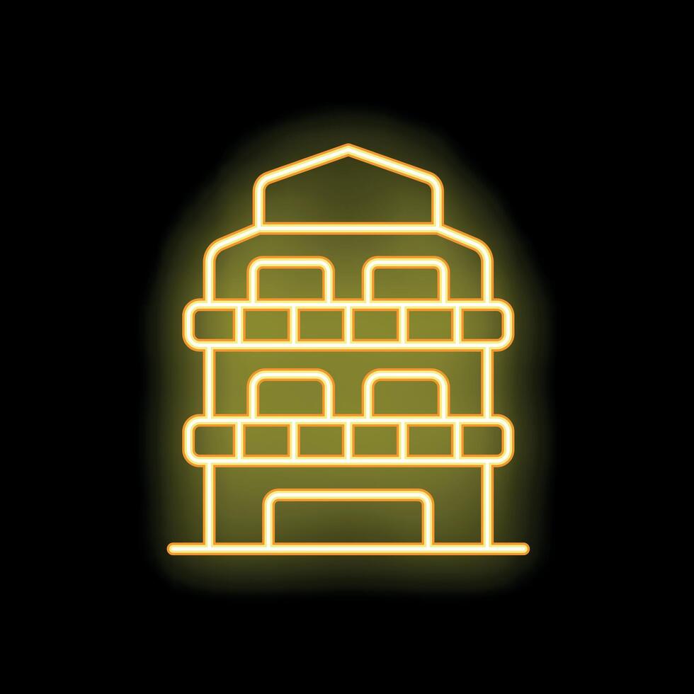 Yellow neon sign representing building with balconies on black background vector