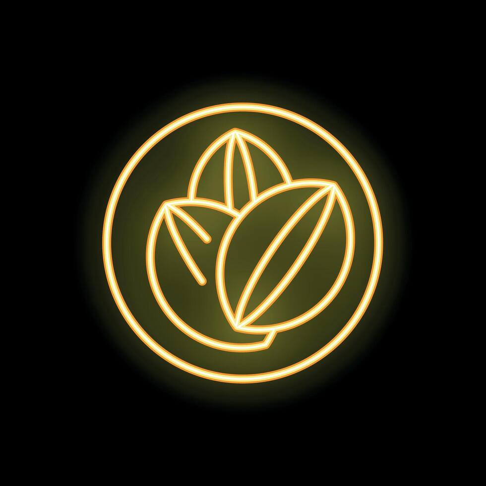 Neon sign representing hazelnuts with leaves inside a circle on black background vector