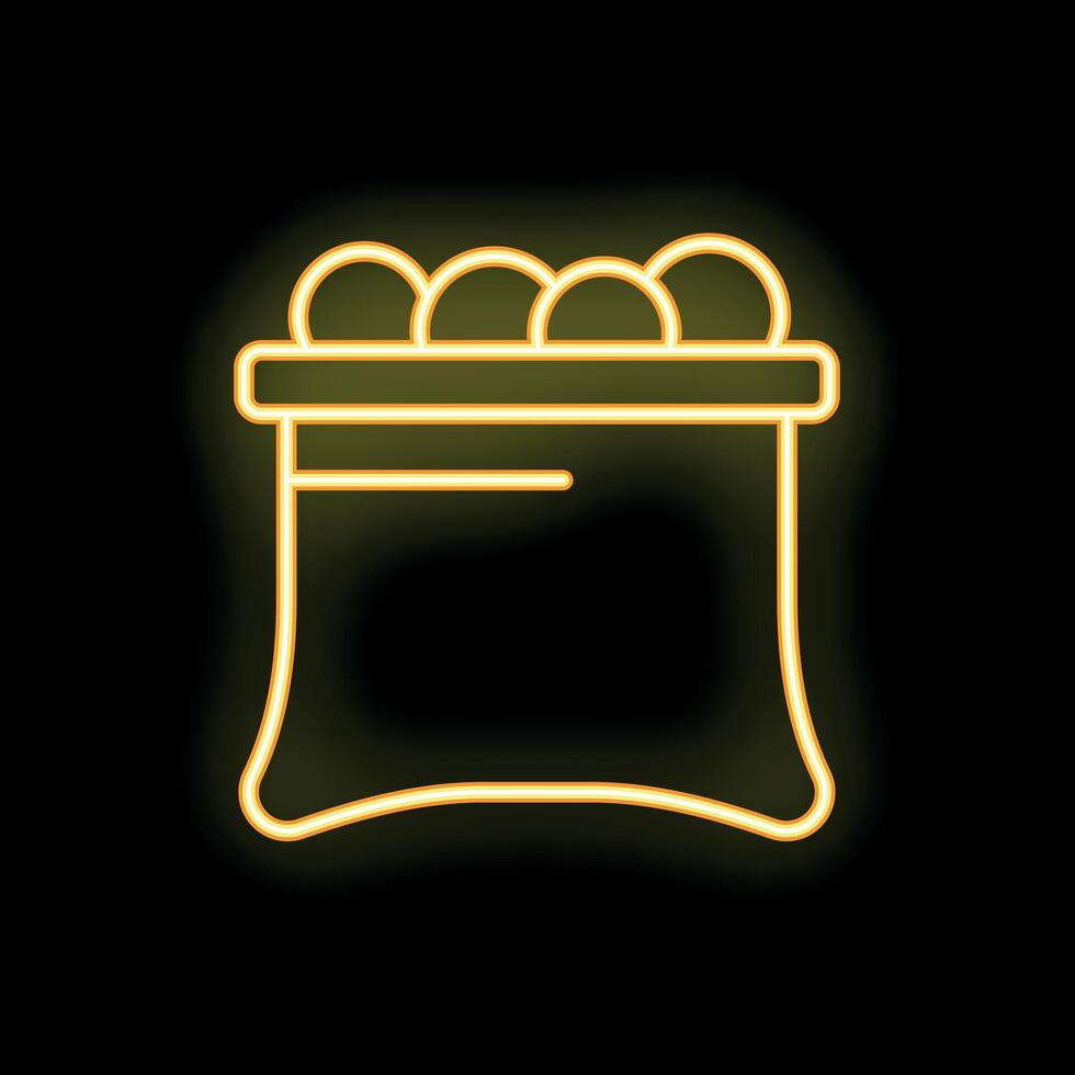 Neon yellow santa sack full of gifts icon on black background vector