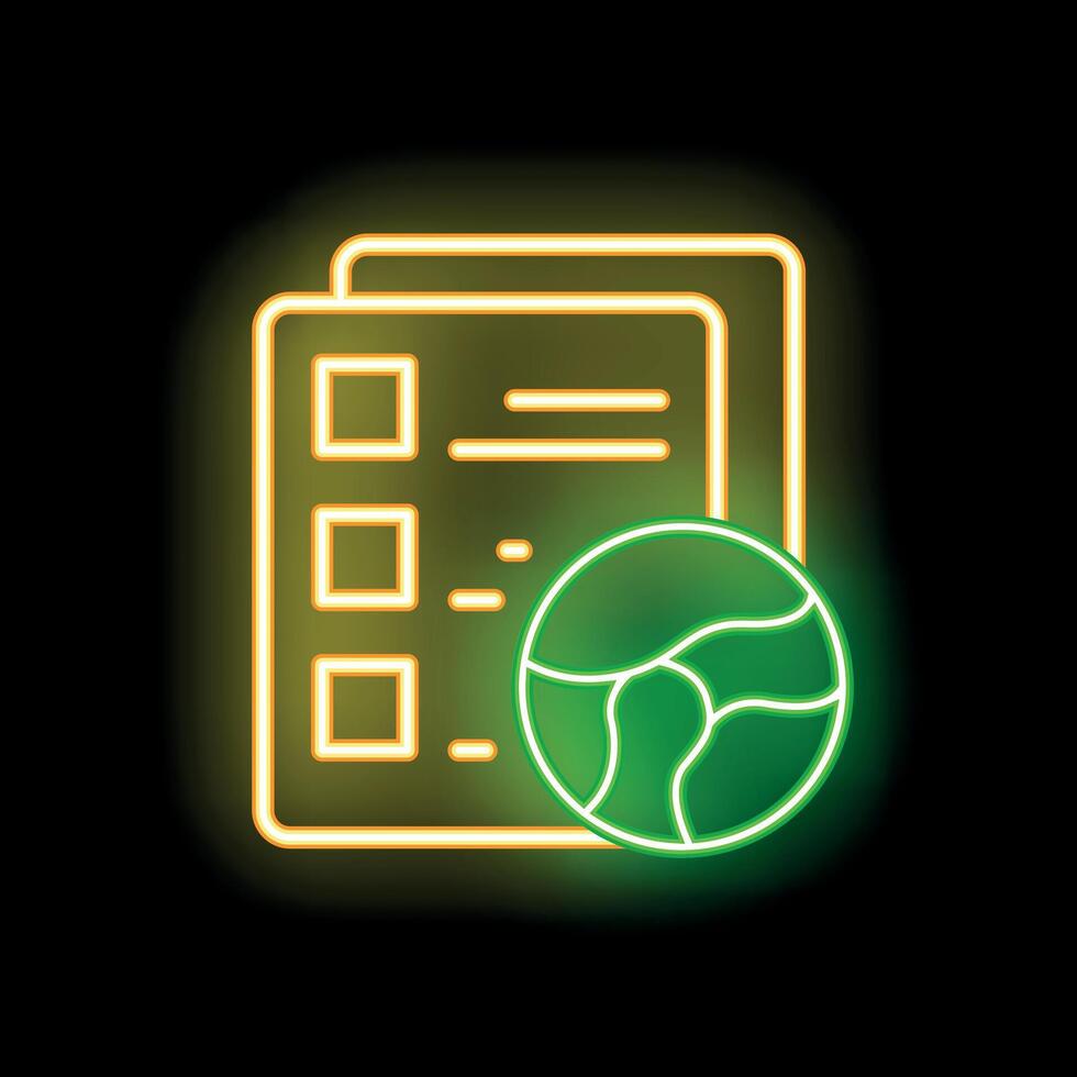 Neon icon of document with check marks representing global business strategy vector