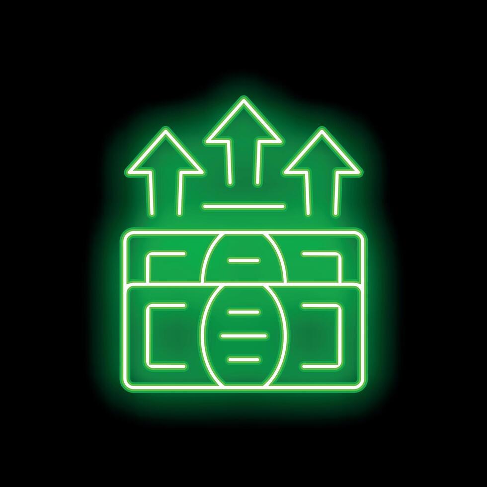 Neon green money increasing value icon with arrows pointing up vector