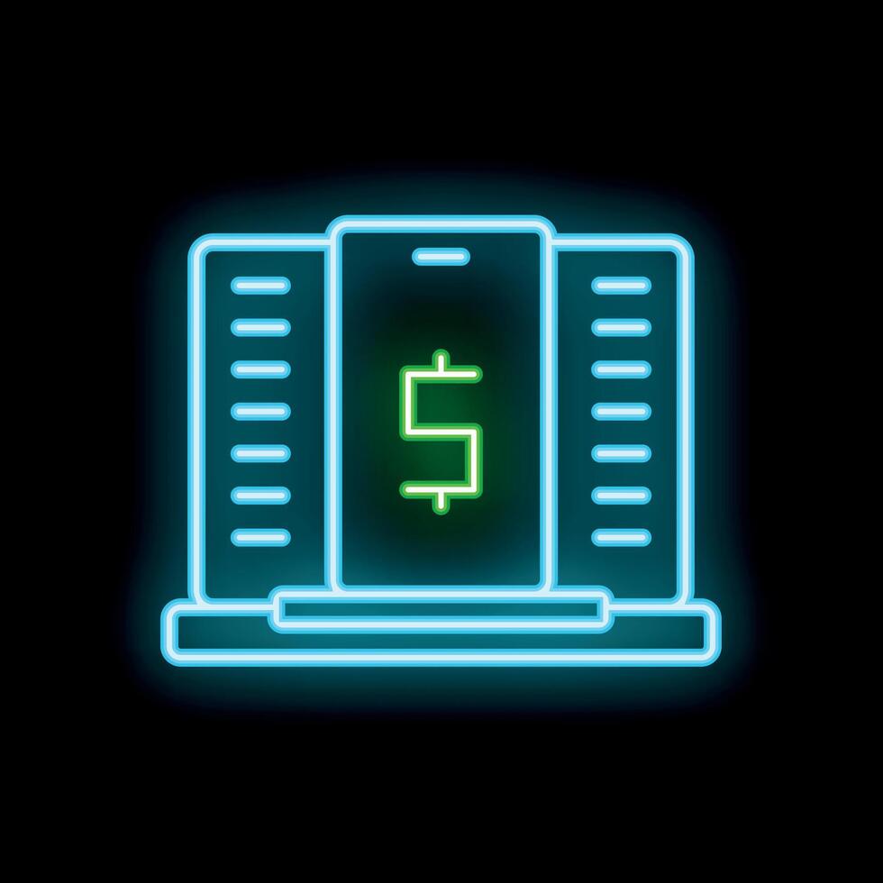 Neon mobile payment with dollar sign on laptop screen vector