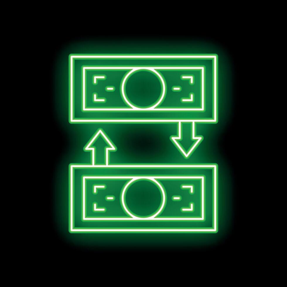 Neon green money transferring icon on black background vector
