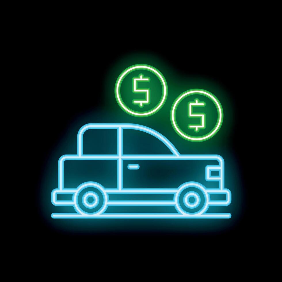 Neon sign of car with dollar coins symbolizing car expenses vector