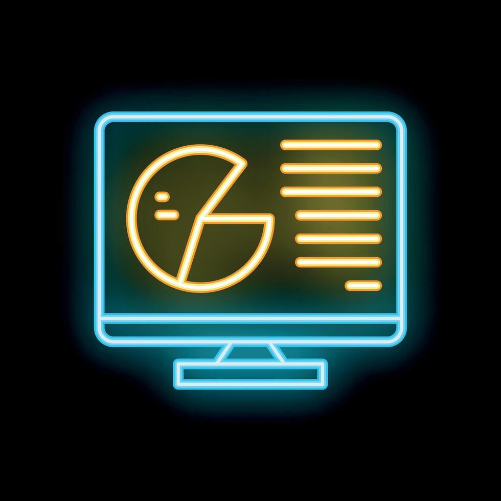 Neon icon of computer screen displaying pie chart and data analysis vector