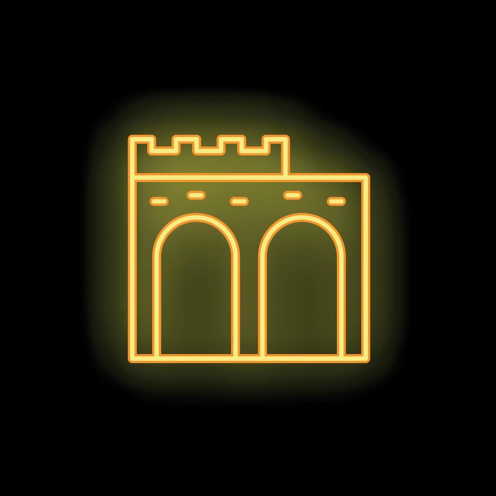 Neon yellow city gate icon glowing on black background vector