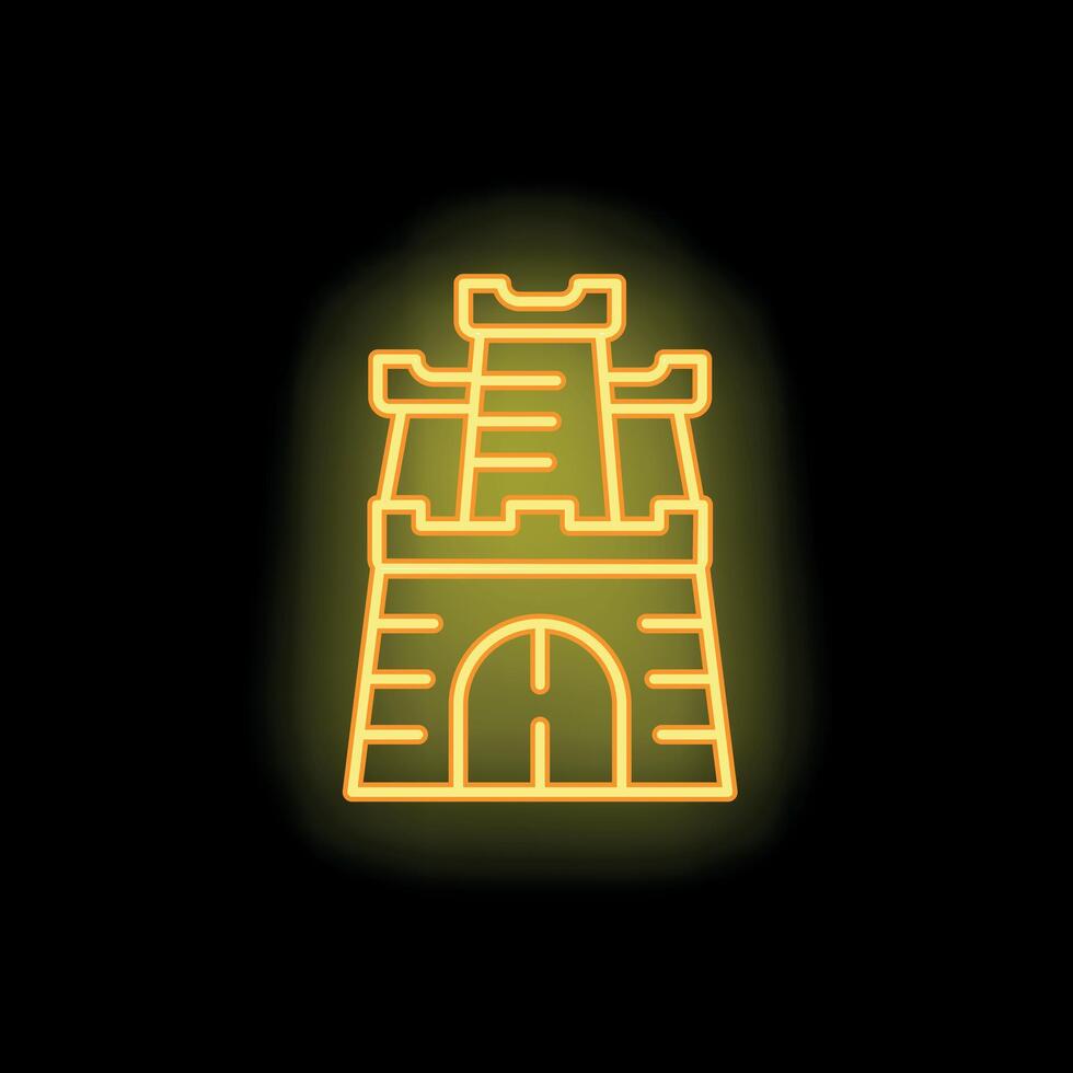 Neon icon of a chinese fortress glowing yellow on black background vector