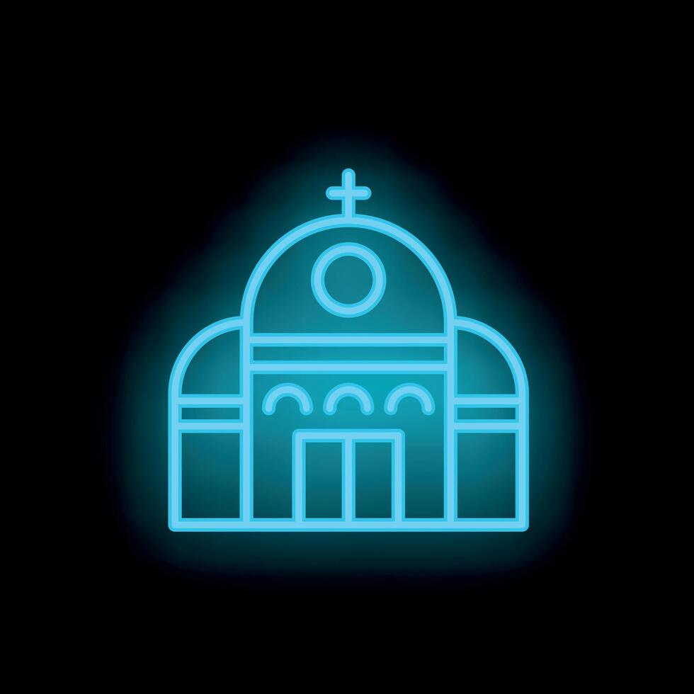 Neon blue church building with glowing cross on top at night vector
