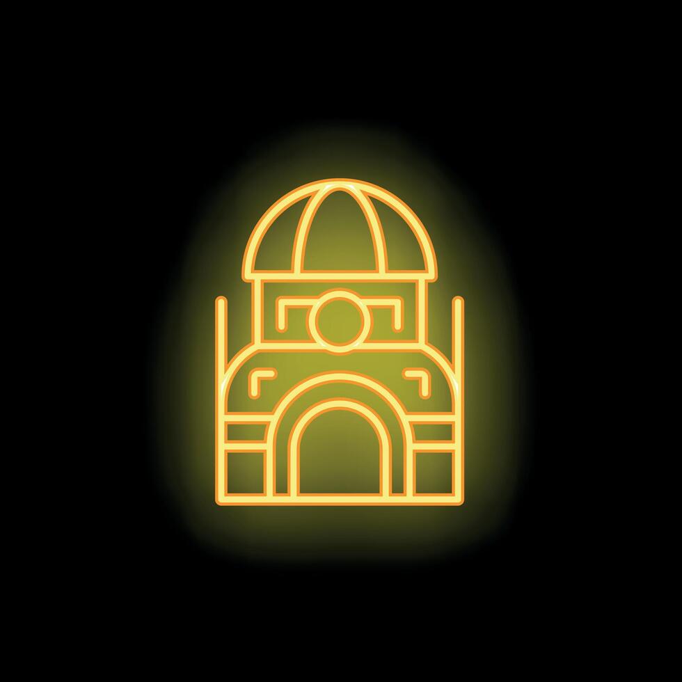 Neon icon of building with dome glowing yellow on black background vector