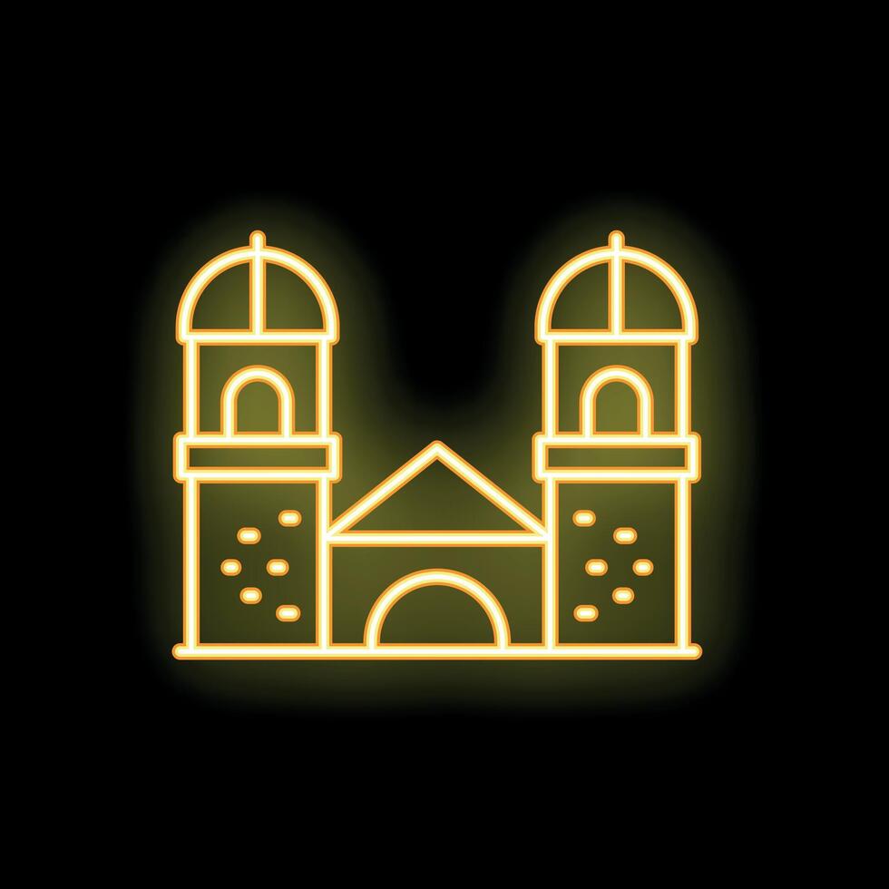 Neon sign illustrating a church building with two towers and a dome roof on a black background vector