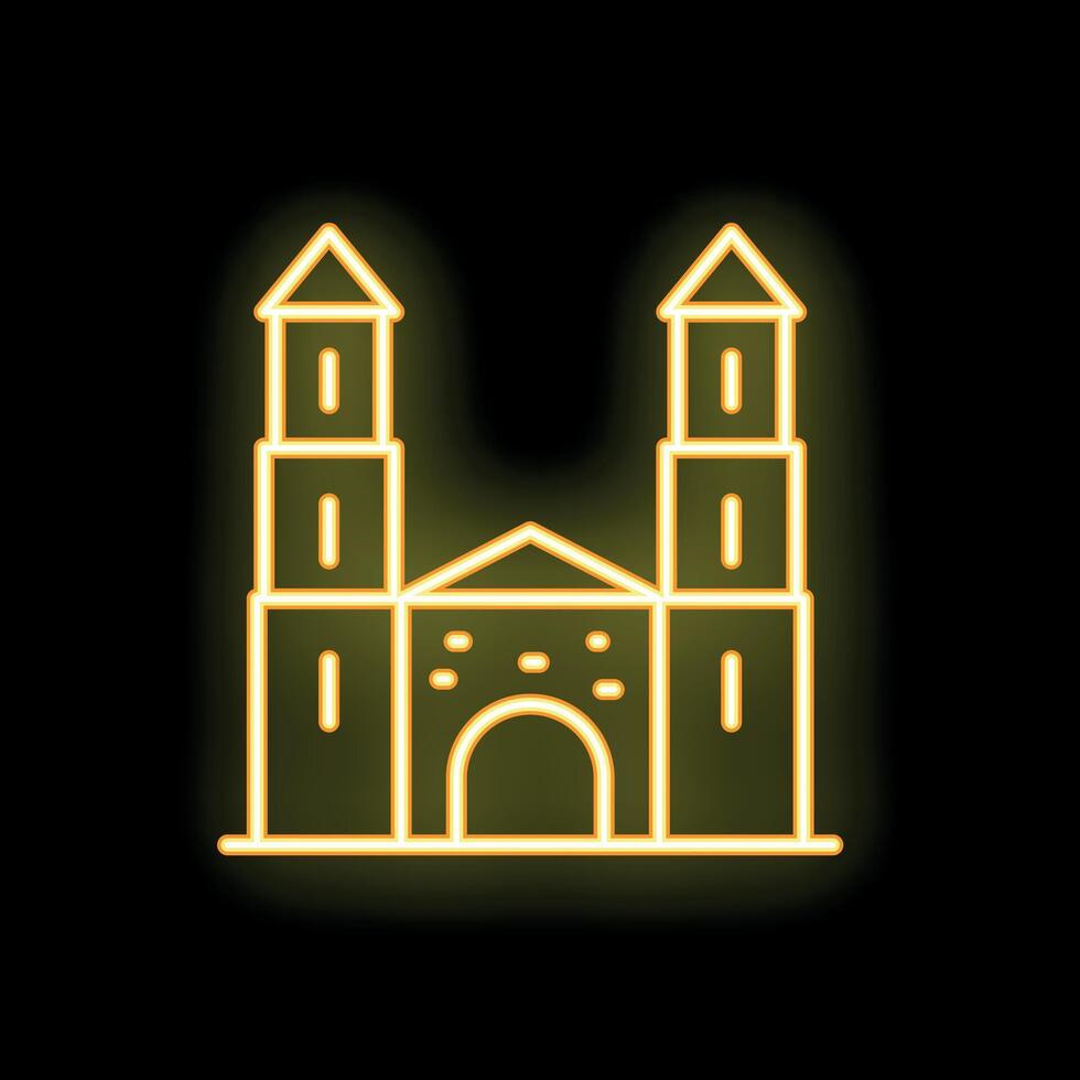 Glowing neon icon of a church building with two towers on a black background vector