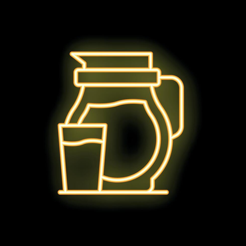 Yellow neon sign showing a pitcher and glass of water or juice on black background vector