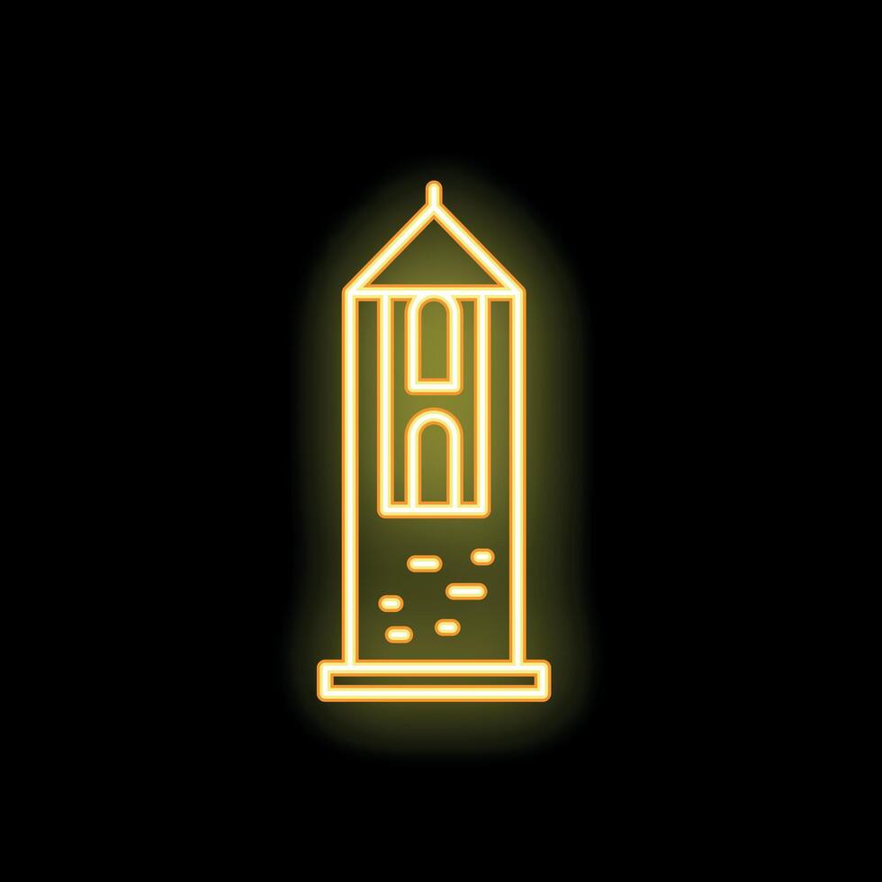 Neon sign representing a medieval tower with arch windows glowing on a black background vector