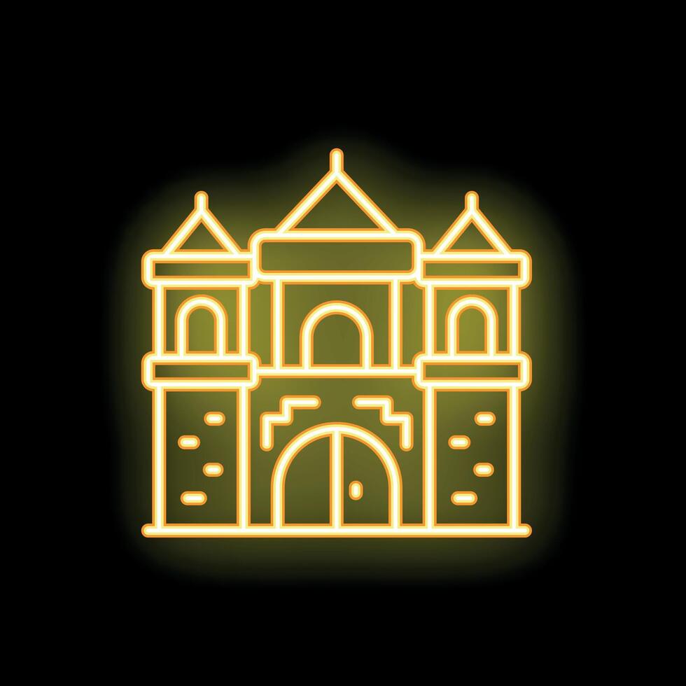 Neon sign depicting a medieval castle gate glowing bright yellow vector