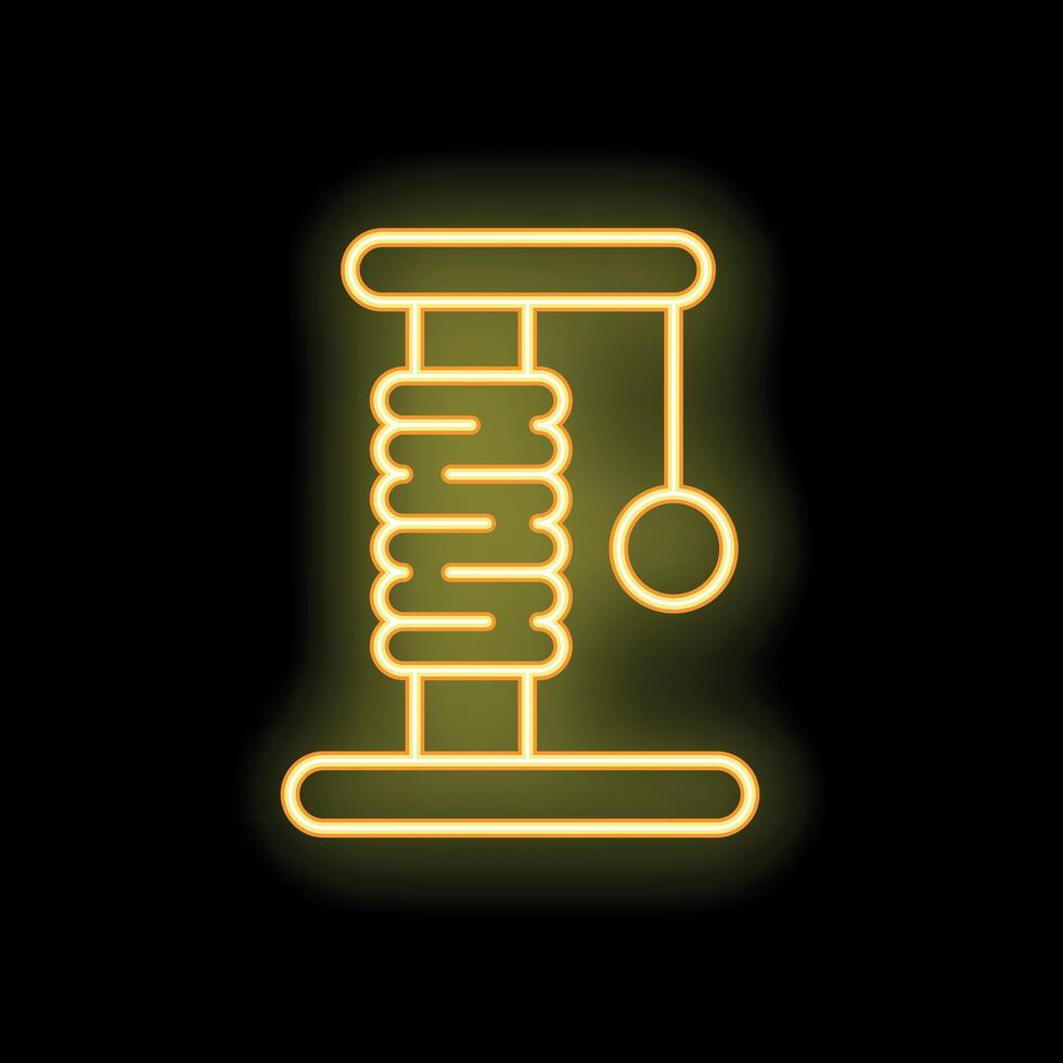 Glowing neon icon of cat scratching post with toy on black background vector
