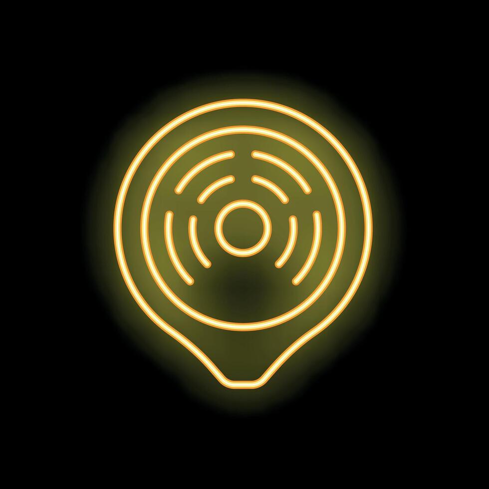 Neon yellow gps location pin icon glowing on dark background vector