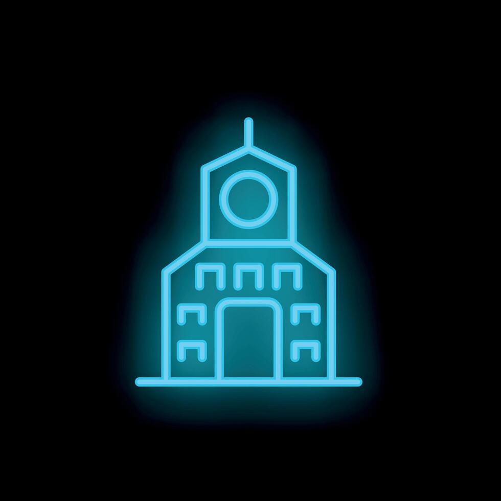 Blue neon sign of a building with a clock tower on a black background vector