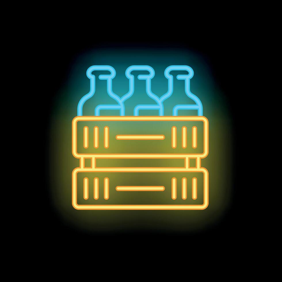 Neon sign with beer bottles in wooden crate shining on black background vector