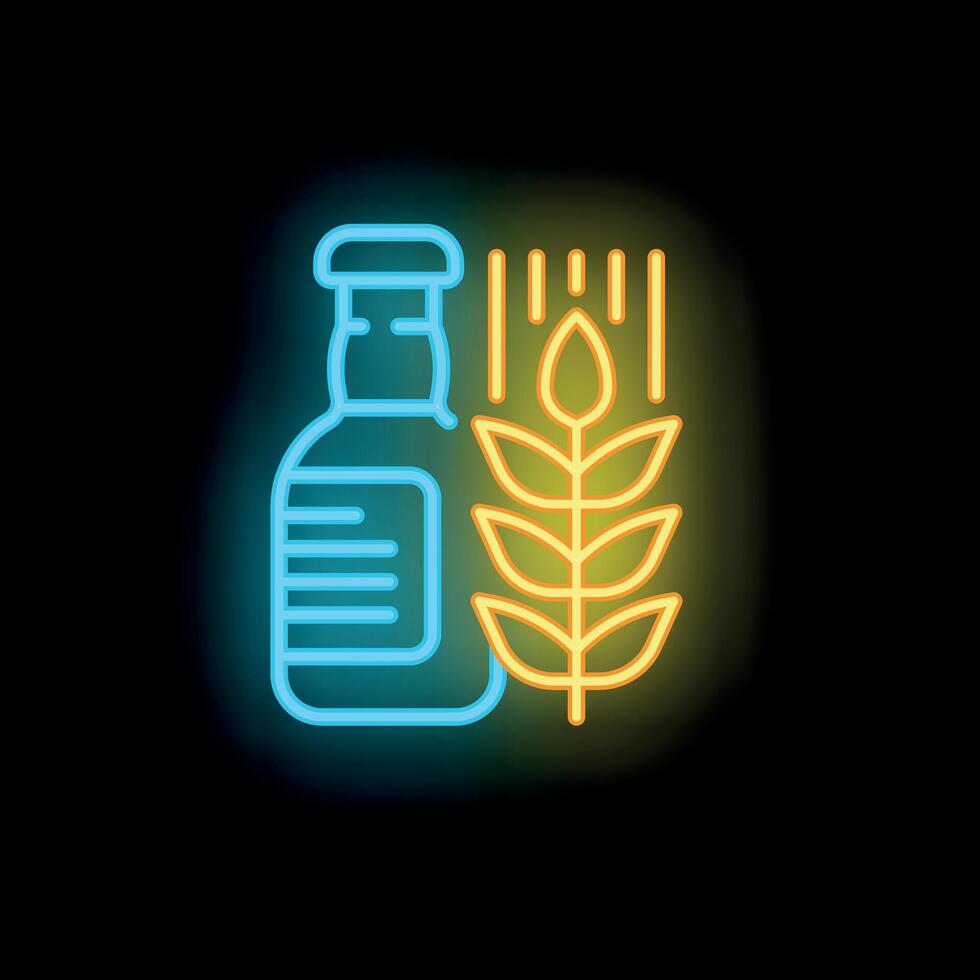 Neon sign of beer bottle and wheat grain representing brewing process vector
