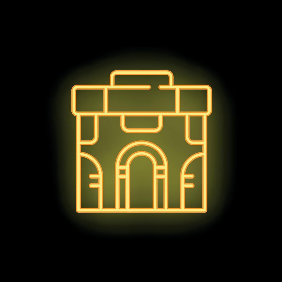 Yellow neon icon of a medieval castle glowing on black background vector