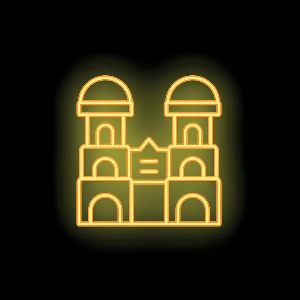 Neon yellow building with domes shining on black background vector