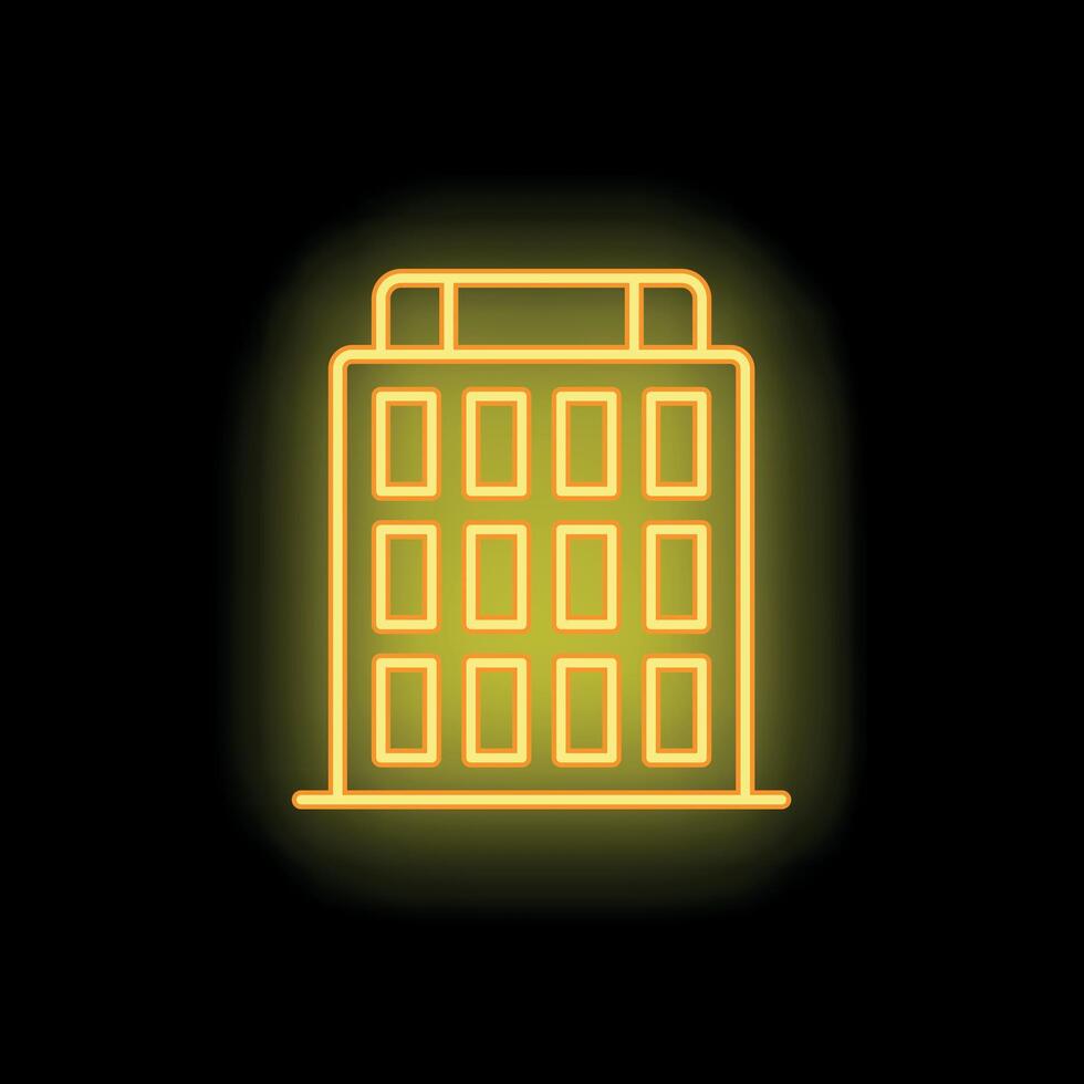 Yellow neon sign depicting an office building with glowing windows on a black background vector