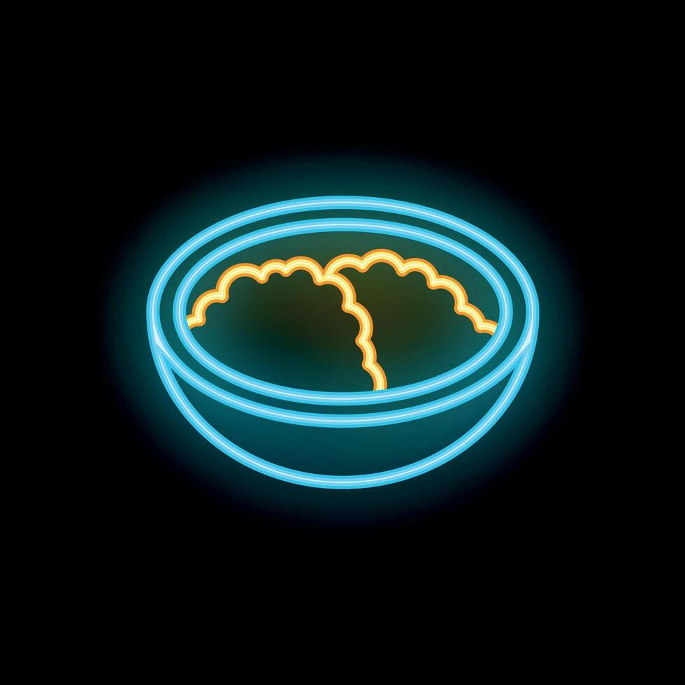 Neon sign of a bowl full of mashed potatoes glowing on black background vector