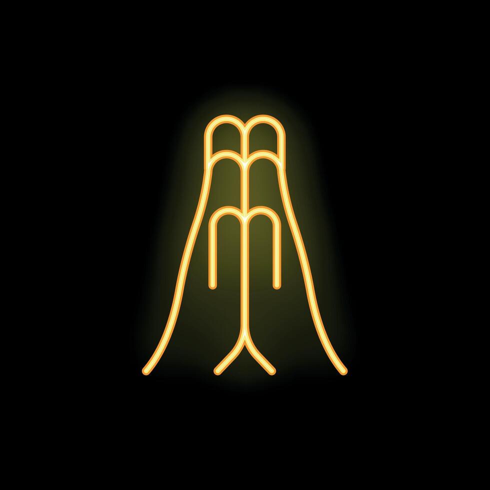 Two hands representing praying gesture in yellow neon light style vector