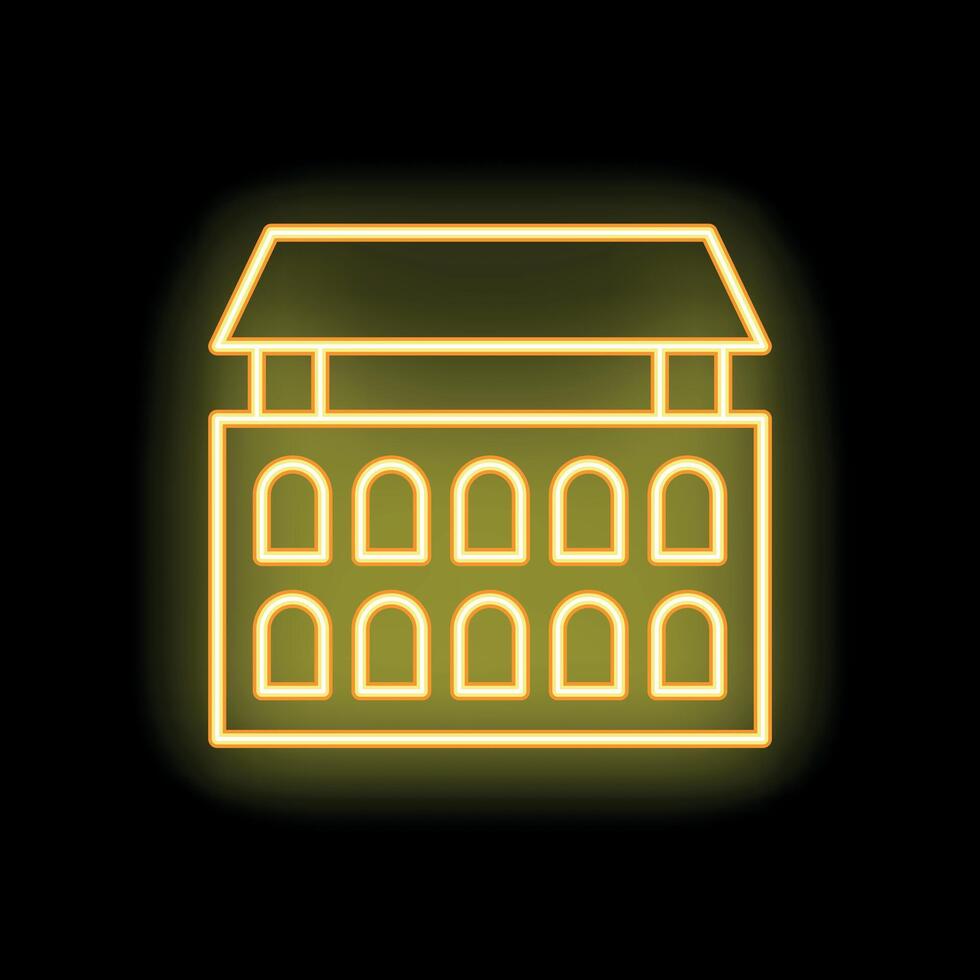 Yellow neon sign of a building with arches on black background vector
