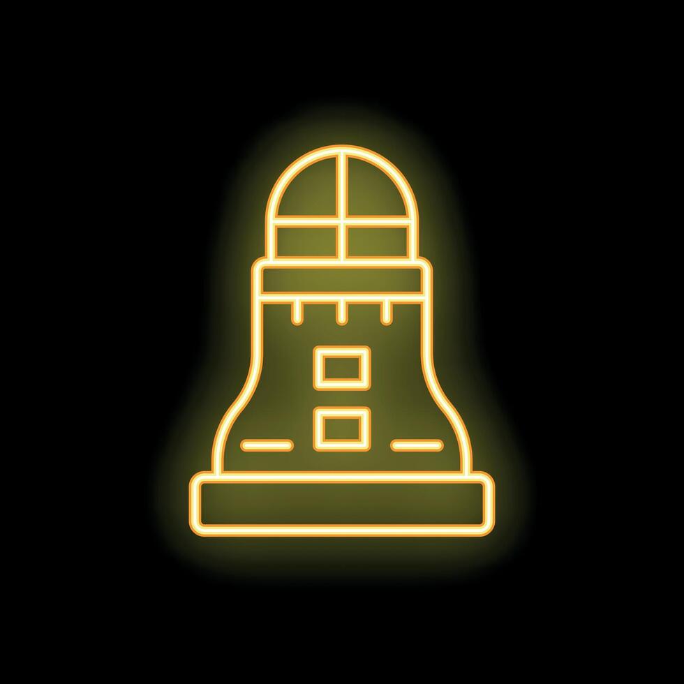 Yellow neon sign of a lighthouse on a black background vector