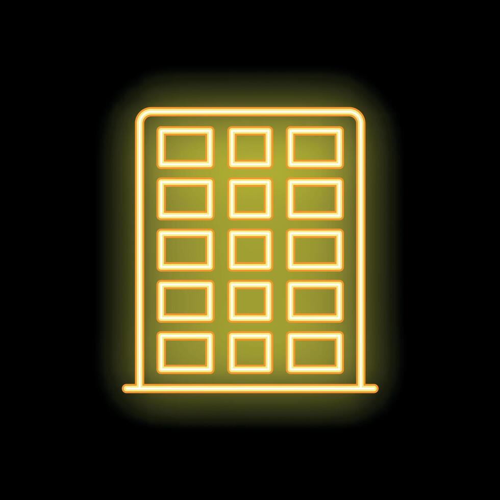 Yellow neon sign representing a building with multiple windows on a black background vector