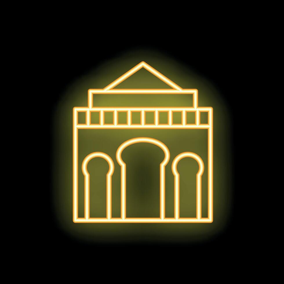 Neon yellow mosque building glowing on black background vector