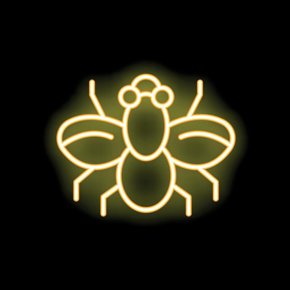Yellow neon icon of a fly spreading its wings on black background vector