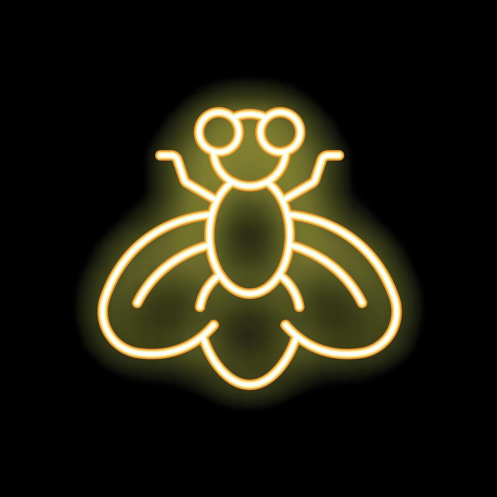 Yellow neon sign showing a fly spreading its wings on black background vector