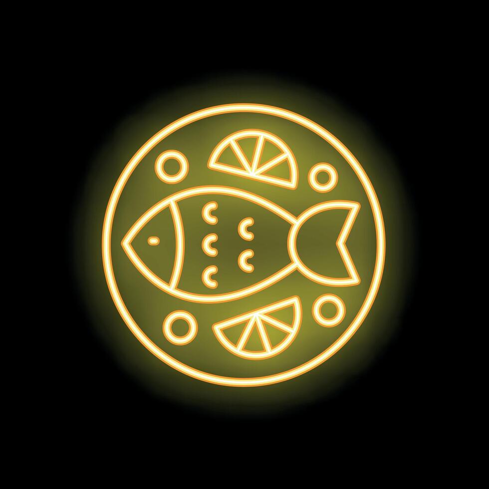 Neon sign depicting grilled fish dish with lemon slices vector