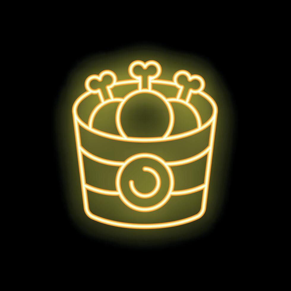 Neon sign showing bucket full of chicken legs on black background vector