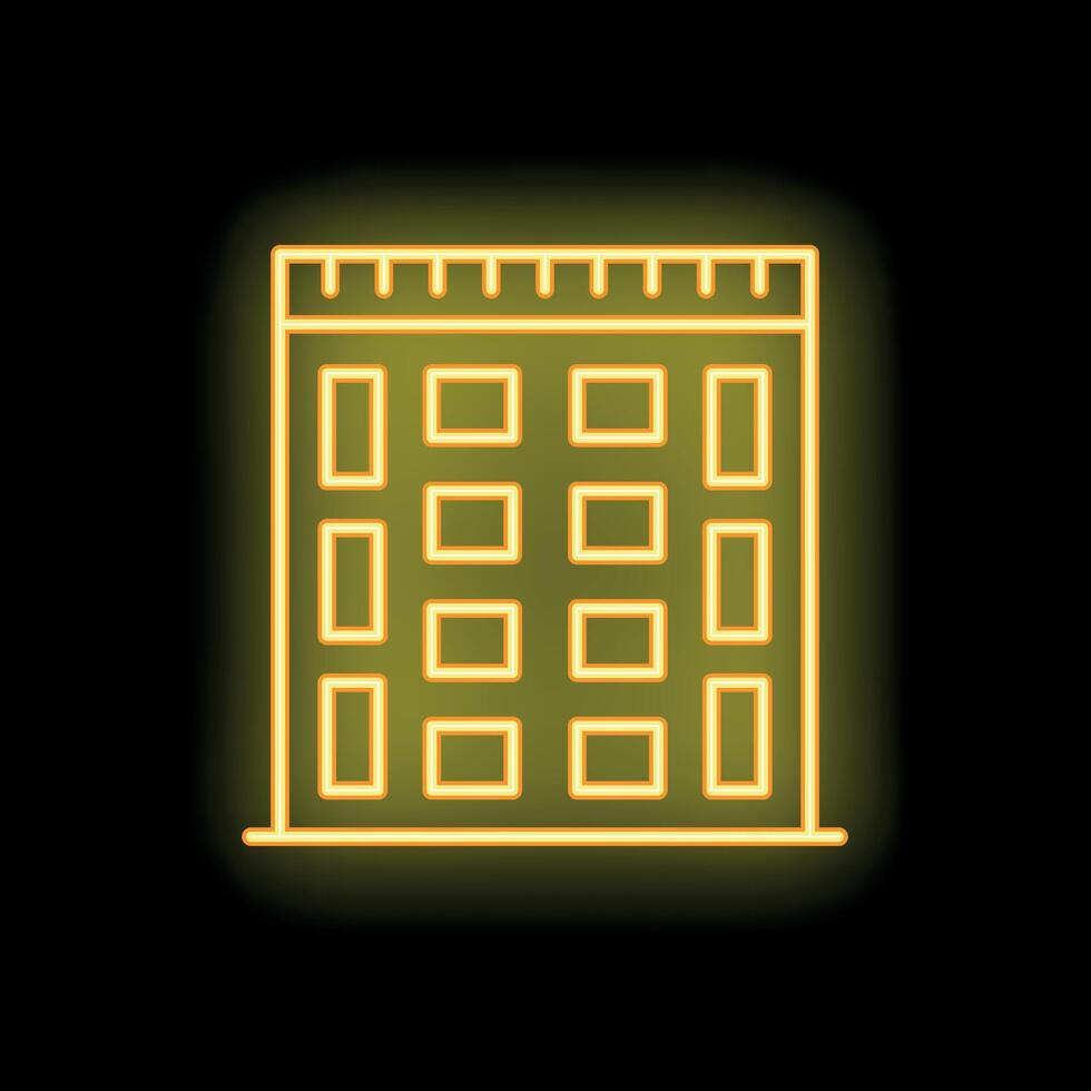 Neon yellow building facade with glowing windows on a black background vector