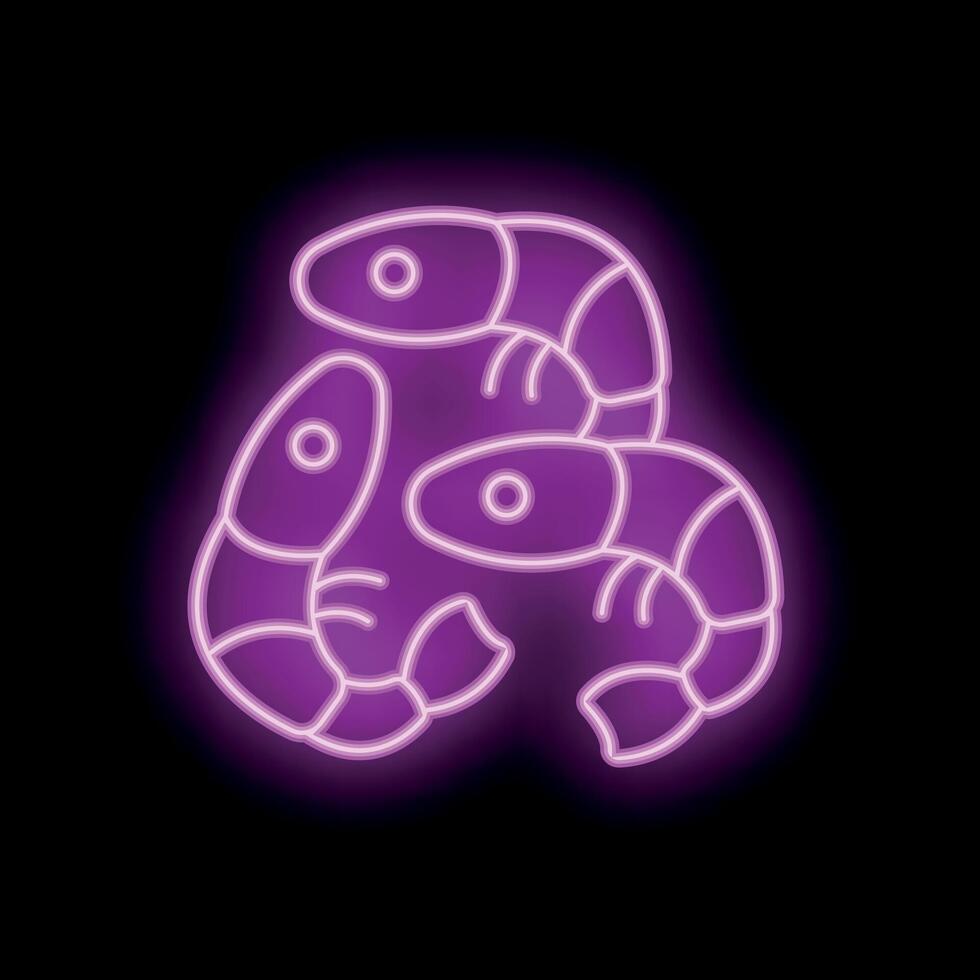 Glowing neon sign of three shrimp on black background vector